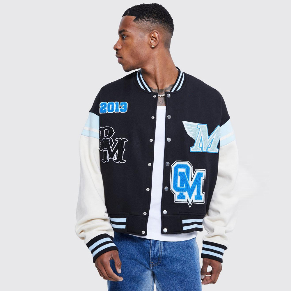 Boxy Applique Tape Detail Jersey Varsity Jacket