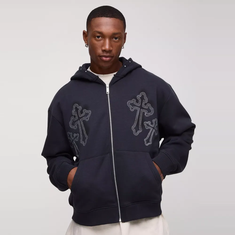Oversized Boxy Cross Embroidered Zip Through Hoodie