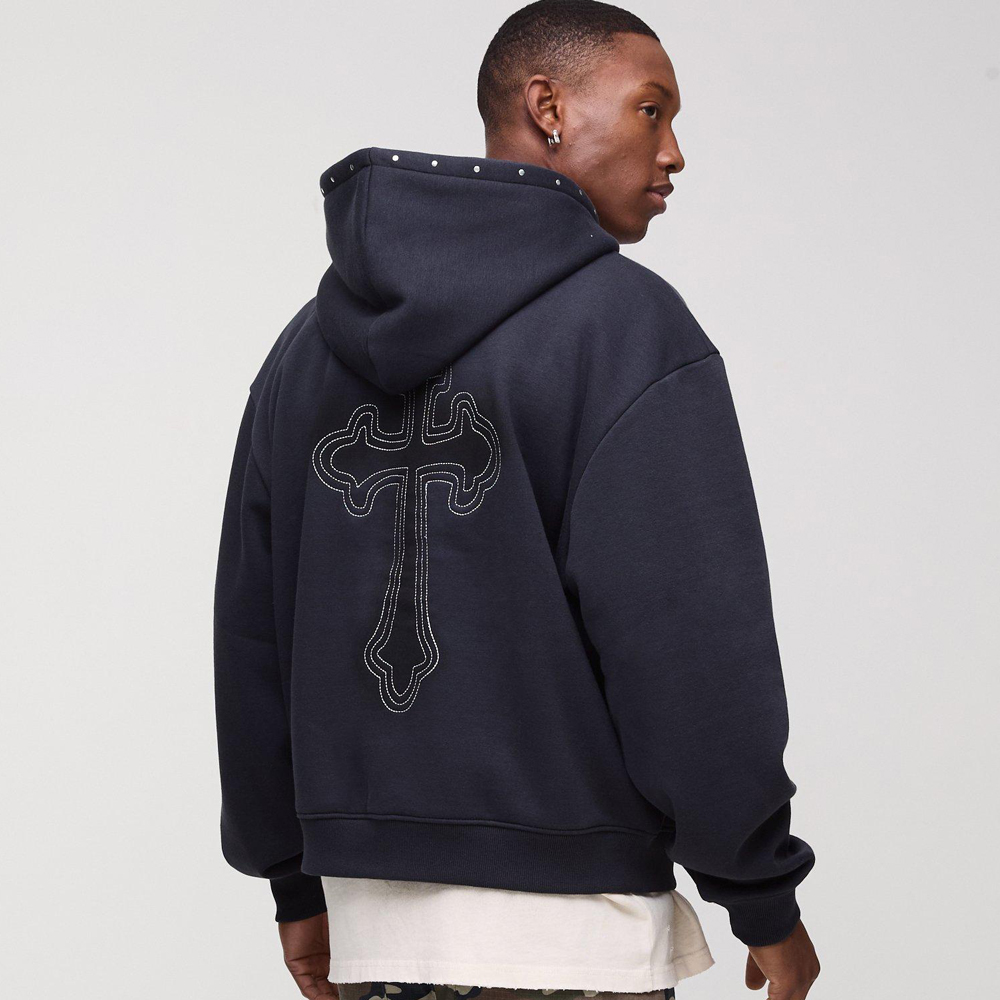 Oversized Boxy Cross Embroidered Zip Through Hoodie